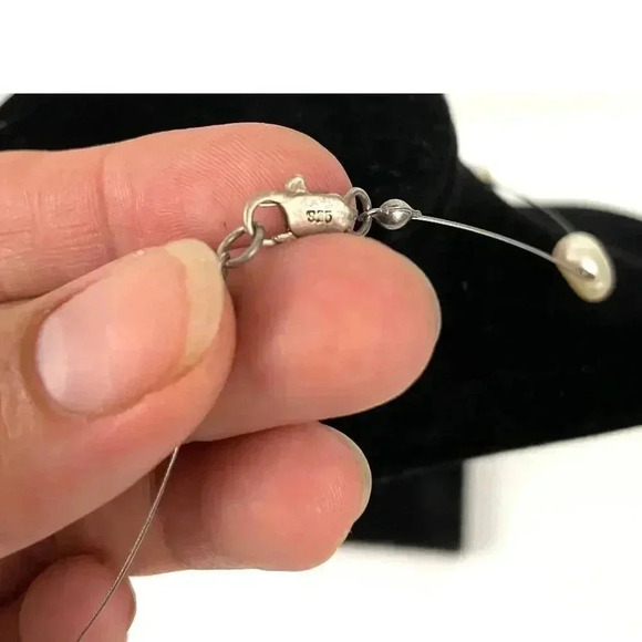 Baroque Pearl Wire Floating Necklace Silver .925 15" Choker - Picture 4 of 8